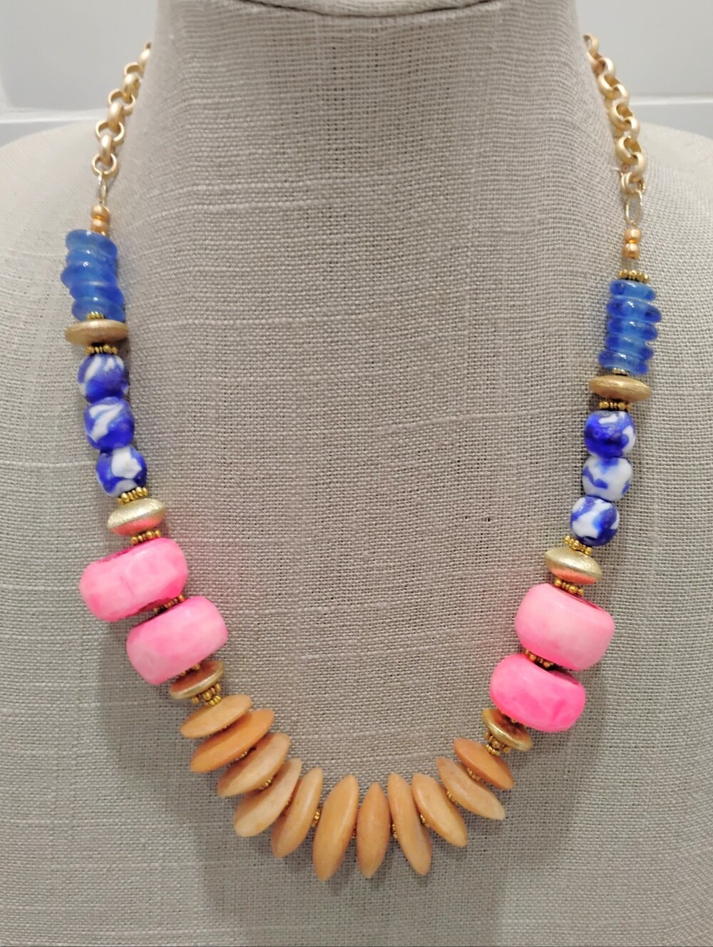 Chunky Pink Blue Wood Bead Statement Necklace NEW